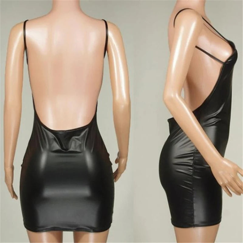 Sexy Faux Leather Dress Backless Club Party Short Dress Solid Black Wet Look Latex Bodycon Push Up Bra Mini Micro Dress - Seprincess