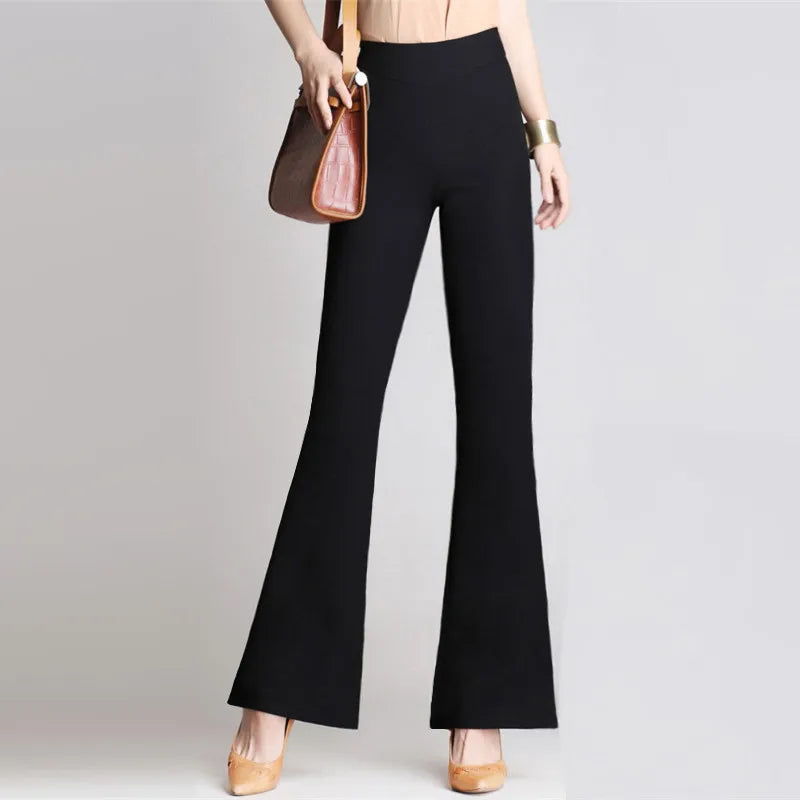 Autumn Winter Office Lady Fashion Long Flare Pants Solid High Waist Elastic Band Slim 4XL Professional Woman Wide Leg Trousers