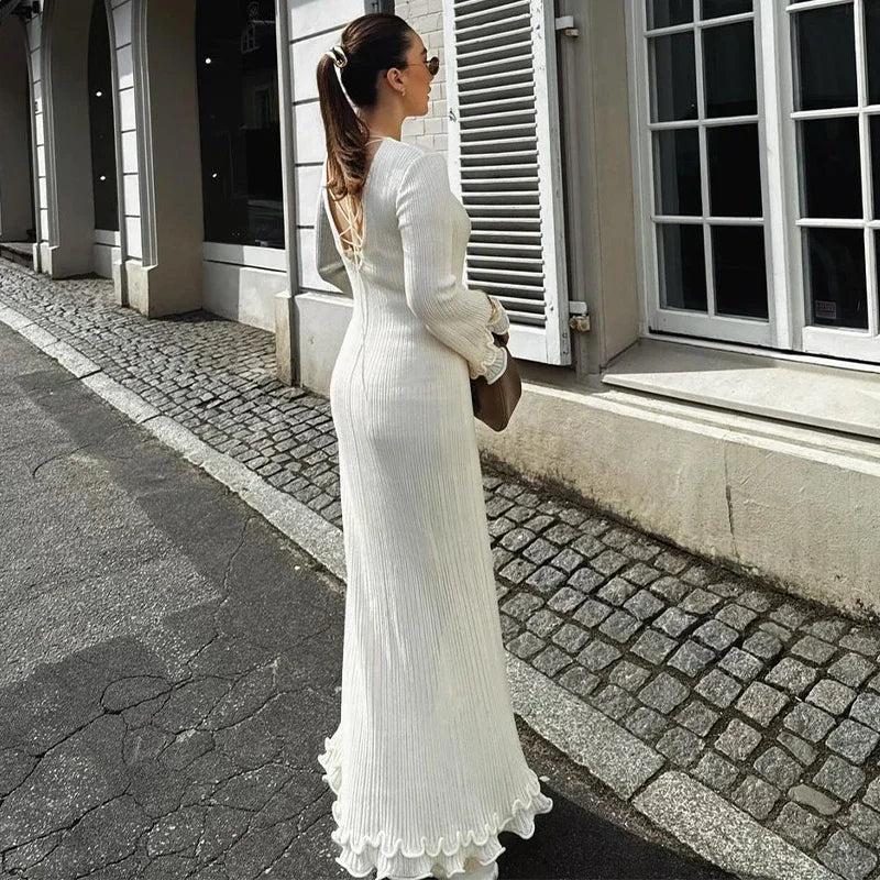 Fashion Solid Ruffles Pleated Loose Long Dress Women Elegant Round Neck Flare Long Sleeves Maxi Dresses Lady High Street Wear - Seprincess