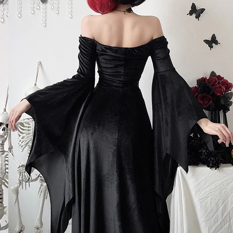 Harajuku Gothic Halloween Costumes Witch Dress Black Vintage Flare Long Sleeve Vampire Bride Outfit Cosplay Death Black Dresses - Seprincess