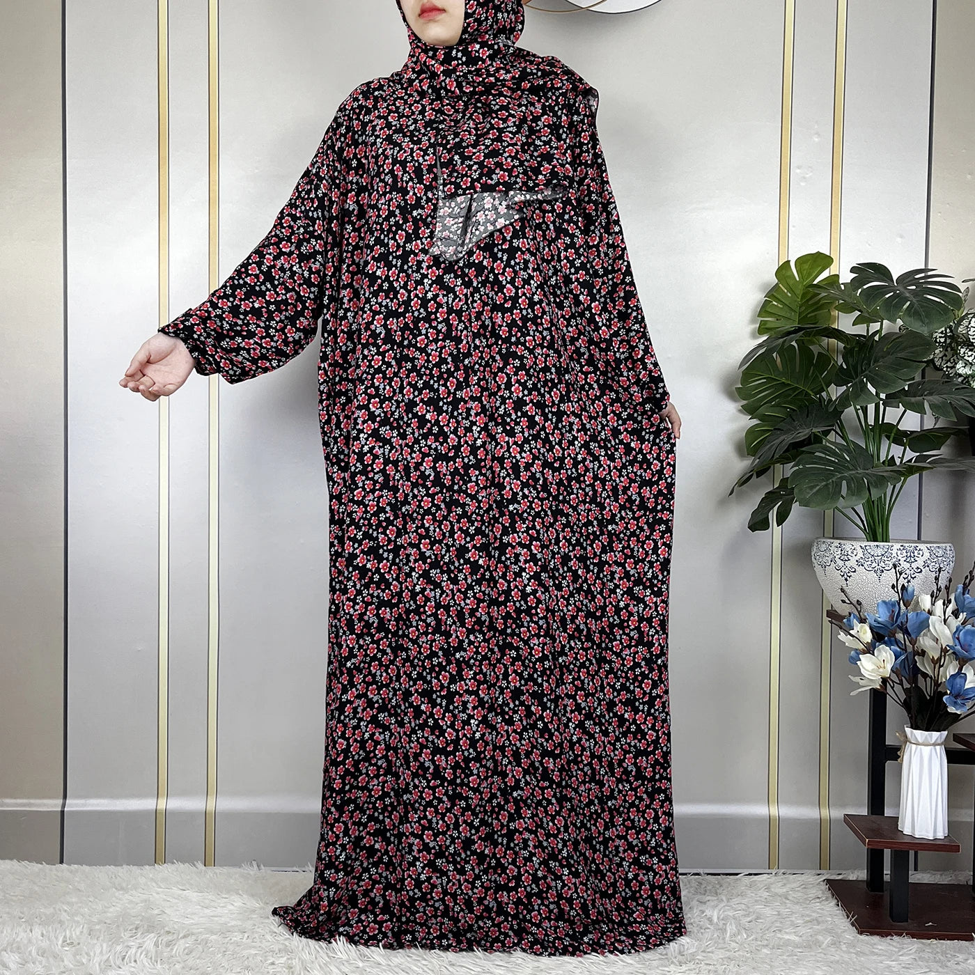 2024Latest Muslim Abayas For Women Ramadan Prayer Maxi Dubai Turkey Femme Cotton Robe Floral Loose African Dress Turban Attached