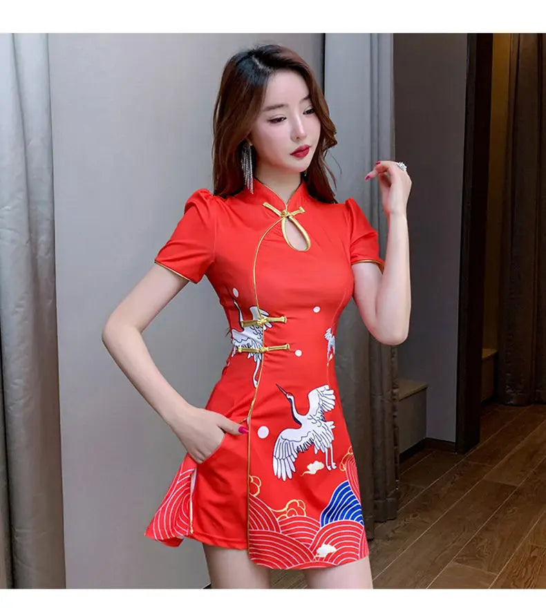 Women Chinese Style Retro Improved Temperament Printing Cheongsam Modern Dress Blue Chinese Qipao Dresses for Women - Seprincess