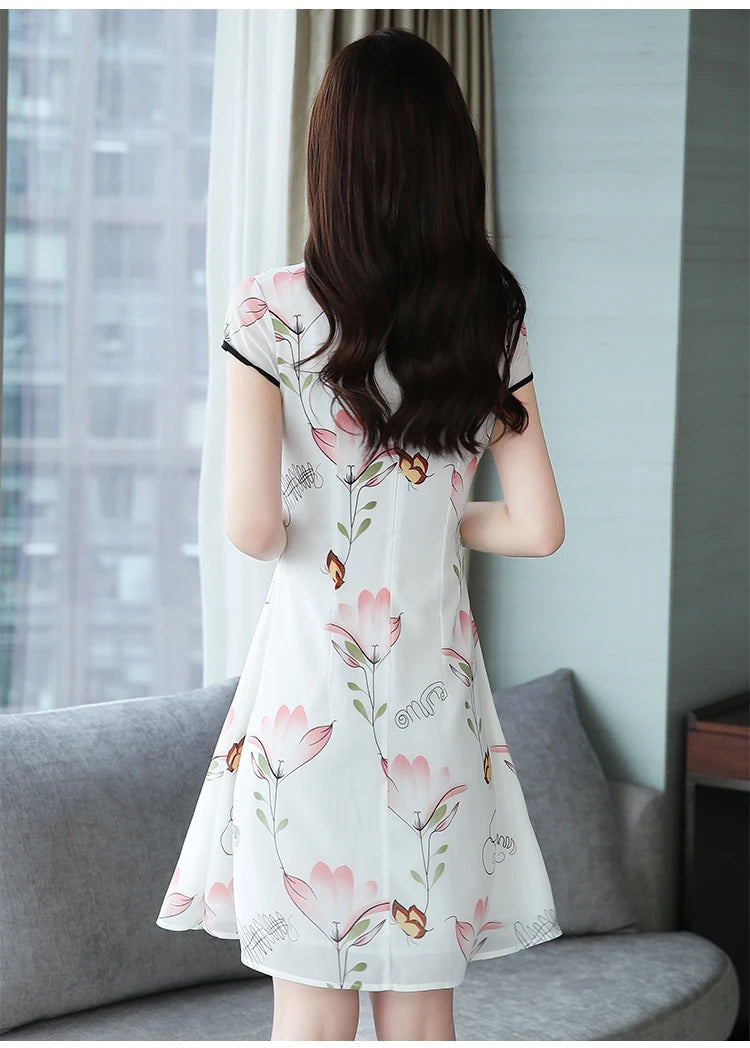 2023 Summer New Modern Improved Cheongsam Chiffon Printing Vintage Traditional Chinese Style Slim Qipao Dress - Seprincess