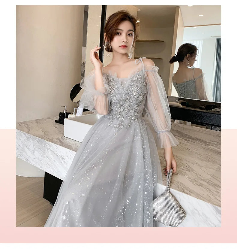 Grey Bridesmaid Dresses Elegant Women Applique Off The Shoulder Floor Length Tulle Wedding Party Dress Formal Prom Gowns - Seprincess