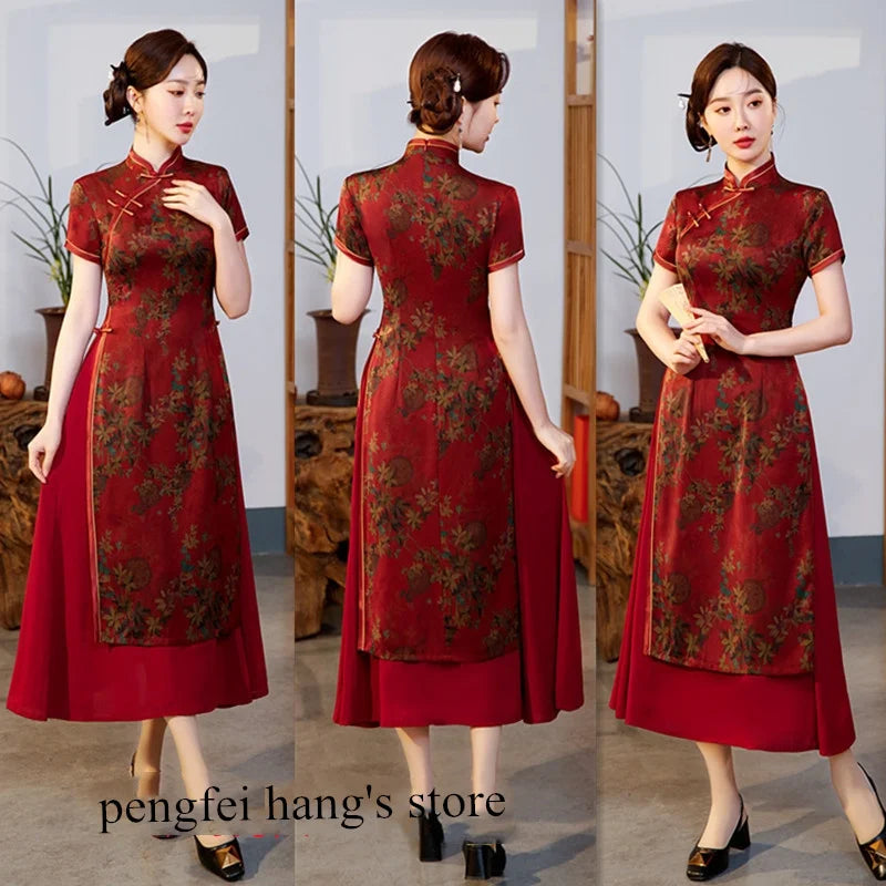 Burgundy Qipao Grace Improved Chinese Style Dresses Lady's Satin Cheongsam Summer Spring Ao Dai Flower Print Dress Oversize 4Xl - Seprincess