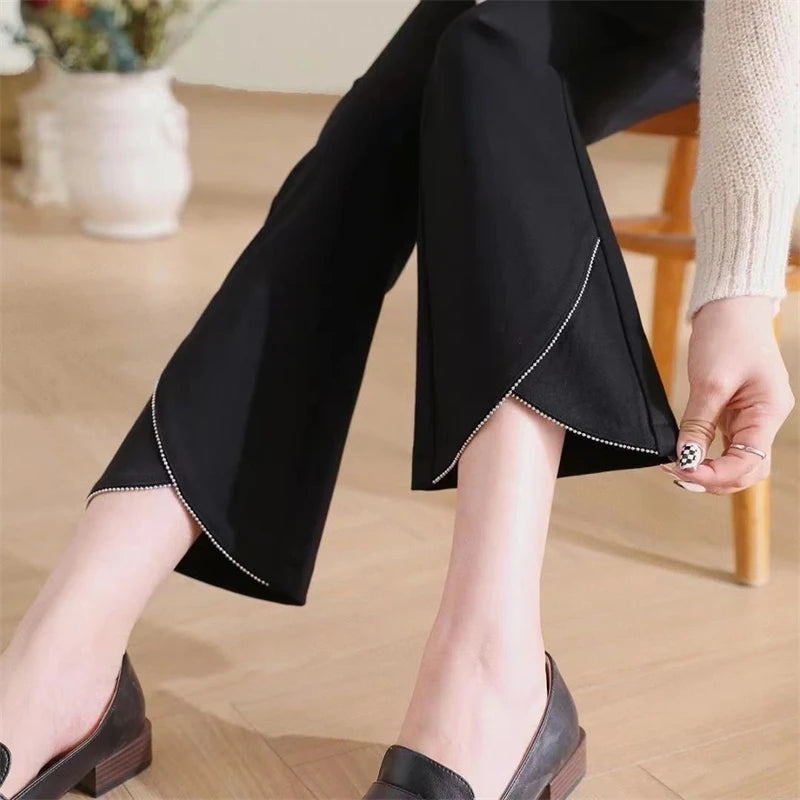 Women Korean Fashion Elegant Chic Flare Pants Autumn Winter Female Black High Waist Plush Thick Trousers Slim Pockets Pantalones