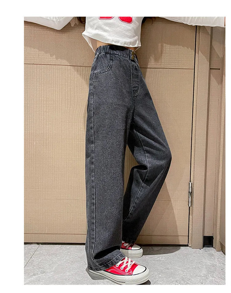 Teenage Jeans for Girls 2024 Spring Summer Casual All-match Loose Kids Leg Wide Pants School Children Trousers 4-16 Years