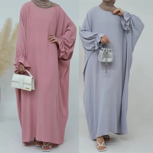 Modest Butterfly Jazz Crepe Abaya EID Ramadan Dubai Islamic Clothing Traditional Muslim Prayer Dresses Abaya with Ruffle Sleeve - Seprincess