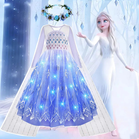 Disney 2024 Halloween Carnival Frozen Little Girls Princess Dress Snow Queen Fantasy Cosplay White Dress Elsa LED Strip Costume - Seprincess