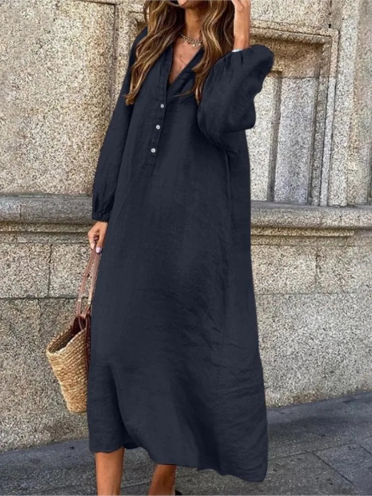 Women's Autumn New Cotton Linen Solid Color Long Sleeved Sexy V-neck Fashionable Button Long Casual Loose Comfortable Dress - Seprincess