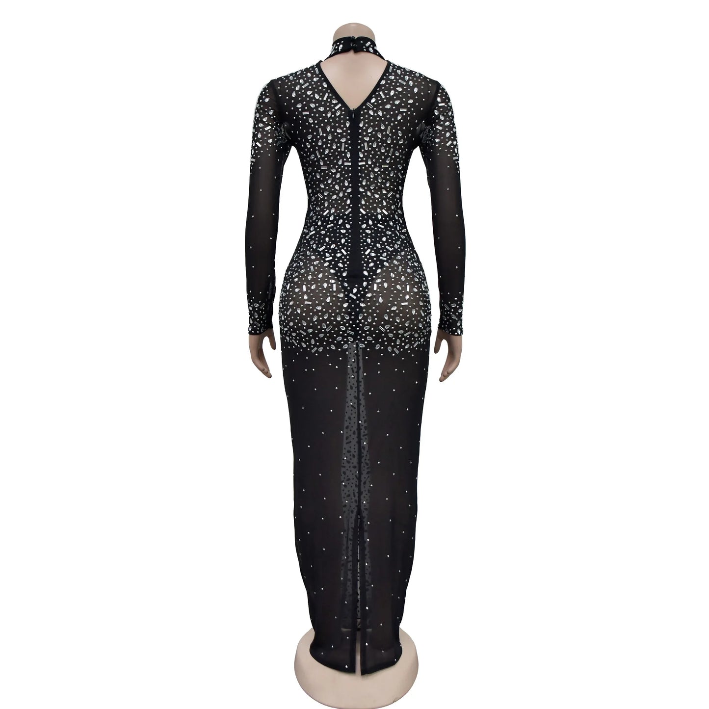 Women Sexy See Through Sheer Mesh Rhinestone Decor Long Sleeve Maxi Party Dress - Seprincess