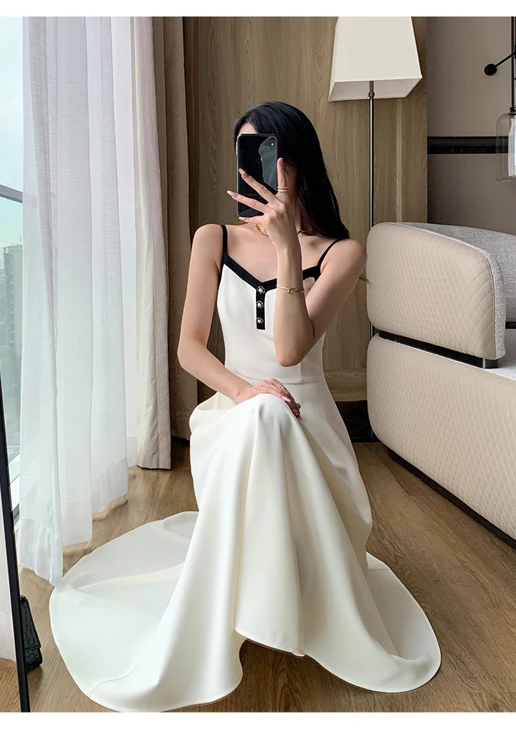 Fashion Korean Women Elegant Casual Dress Set Vintage Crop Jackets Sleeveless A-Line Strap Dress Two Pieces Set Female Clothes - Seprincess