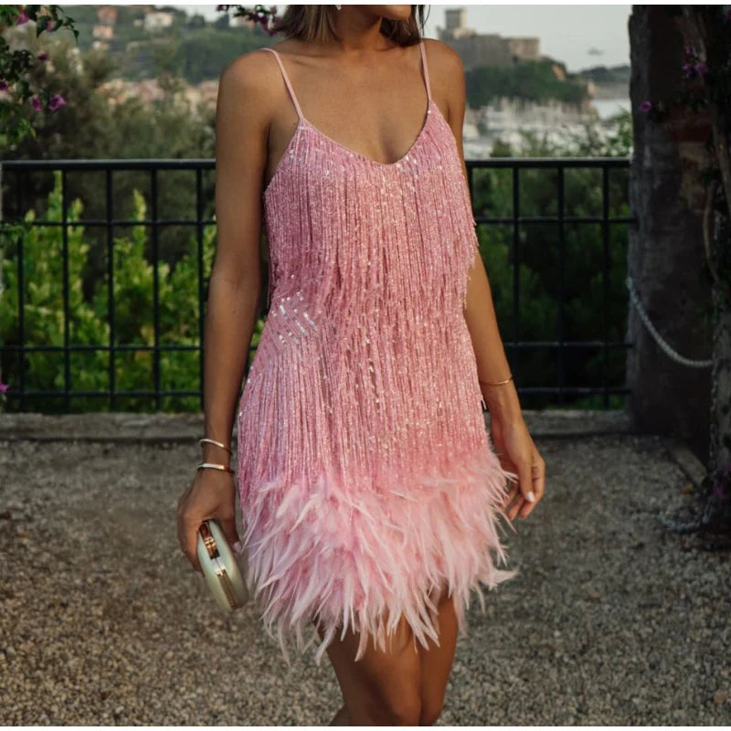 2024 Sexy Women's Fringed Sequin Feather Stitching Dress Summer Slim V-Neck Off Shoulder Dresses Female Backless Slip Mini Robe - Seprincess