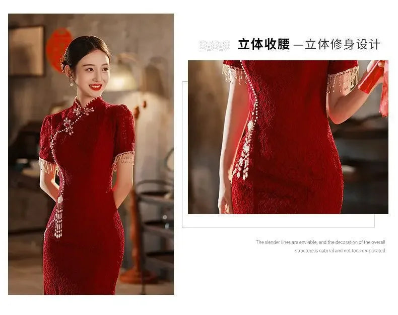 Mermaid Chinese Traditional Dress Red Wedding Bride Toast Clothing Sexy Ladies Cheongsam for Evening Party Woman Vintage Qipao - Seprincess