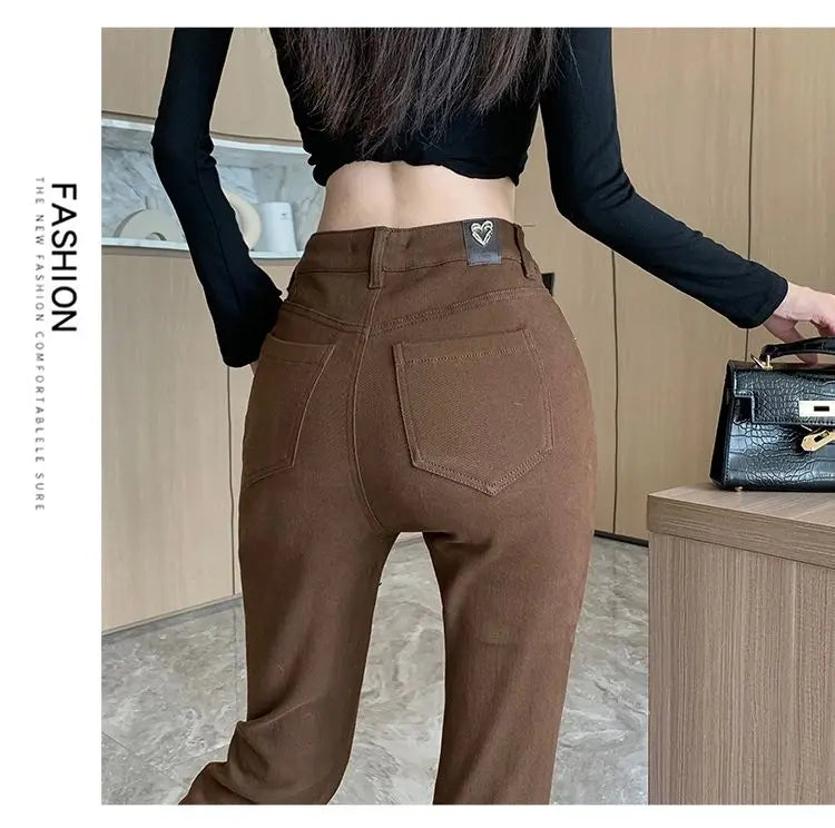 Micro-boot jeans brown buttoned design women's autumn and winter new high-waisted slim straight-leg floor mopping pants