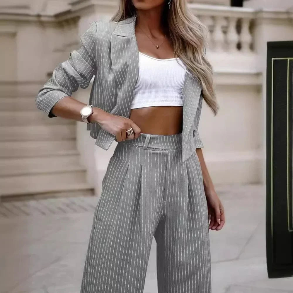 Mandylandy Casual Striped Suits Women Outfits Summer Short Style Lapel Suit Trousers Stripe Blazer Coats Straight-Leg Pants Suit - Seprincess