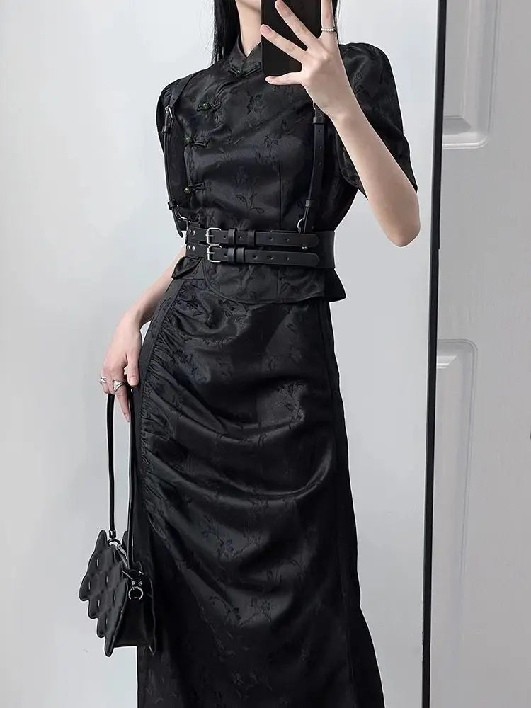 New Chinese Style Qipao Suit Sexy Black Jacquard Chinese Dress Improved Cheongsams Women Summer Dress Gothic Dark Vestidos - Seprincess