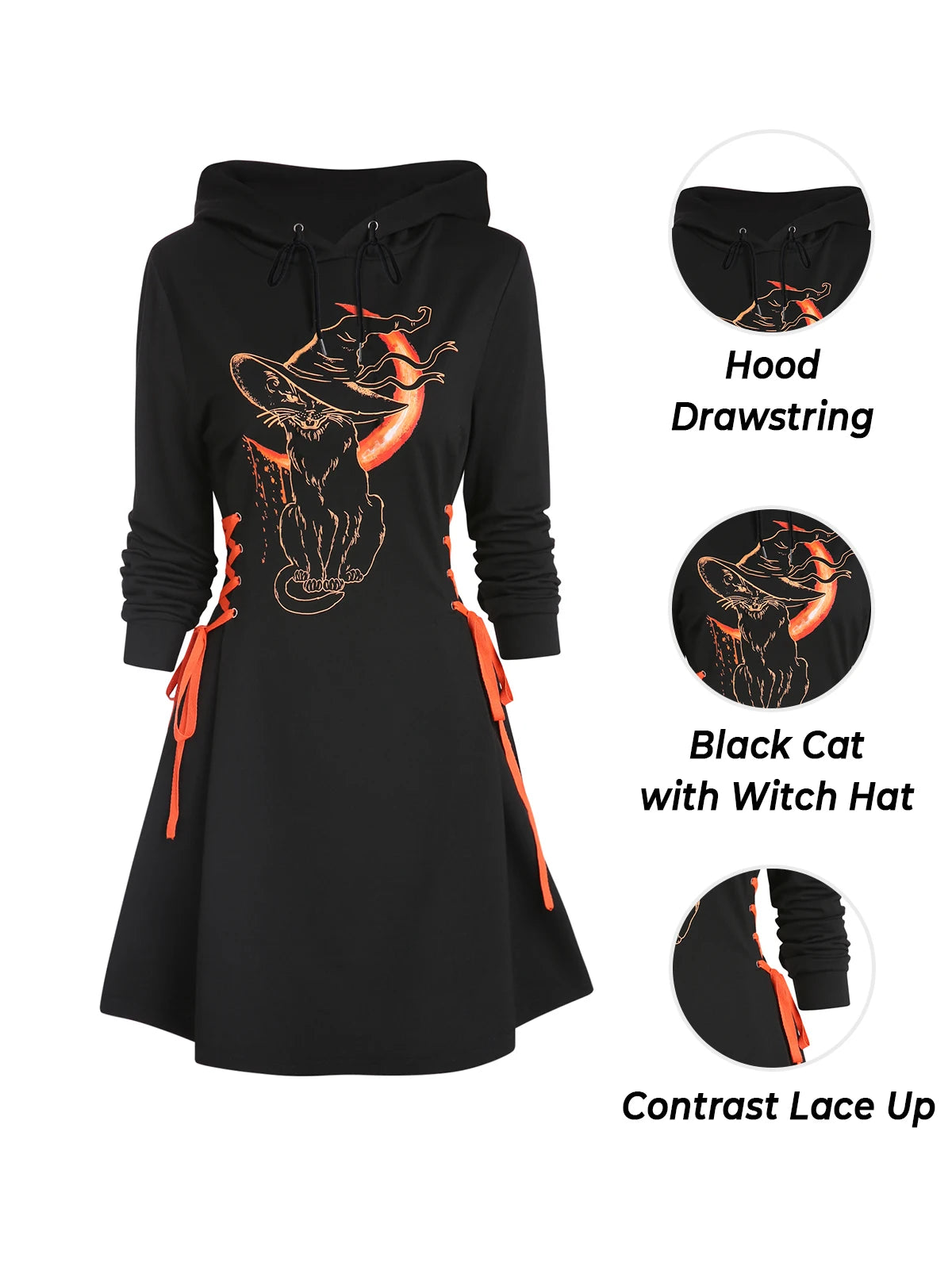 Dressfo 2024 Womens Gothic Hoodie Dress Cat Hat Moon Print Lace Up Long Sleeve A Line Mini Dress Christmas Sweatshirt Dresses - Seprincess