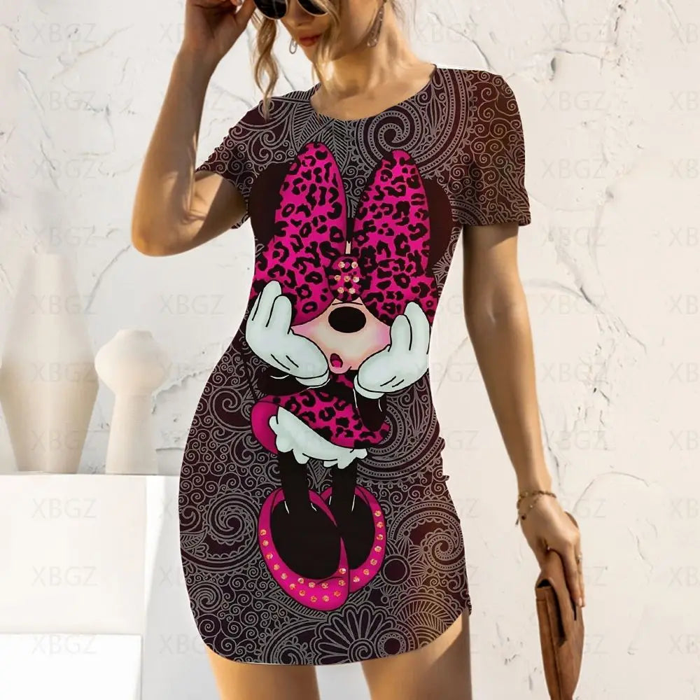 Disney Fashion Casual Elegant Dresses for Women 2024 Women's Dress Mickey Tight Minnie Mouse Cartoon Sexy Print Slim Fit Summer