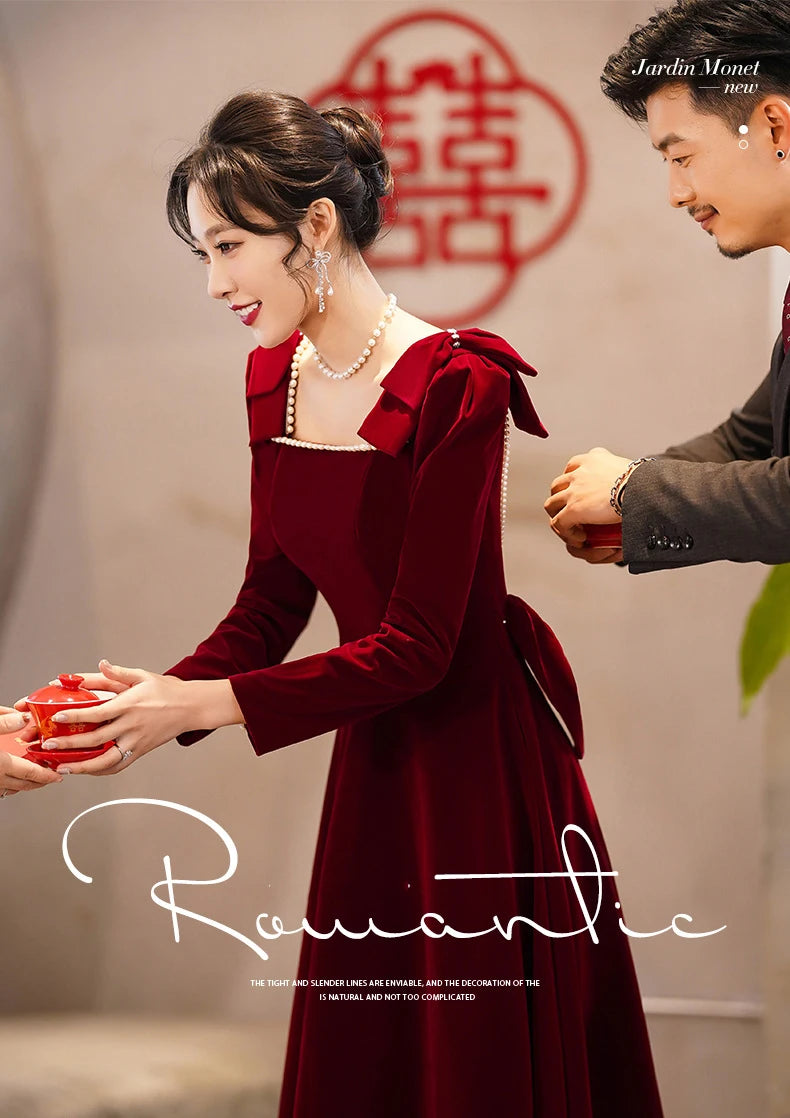 Burgundy Velvet Evening Dress Elegant Beaded Square Collar Engagement Dresses Temperament Bow Long Sleeve Formal Banquet Gown - Seprincess