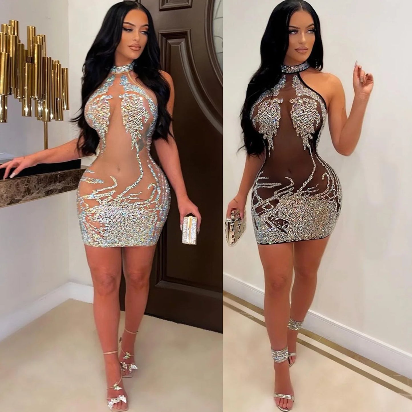 Sexy Mesh Rhinestone Short Prom Evening Mini Dress See Through Outfits Luxury For Women Night Club Party Diamond Bodycon Dresses - Seprincess