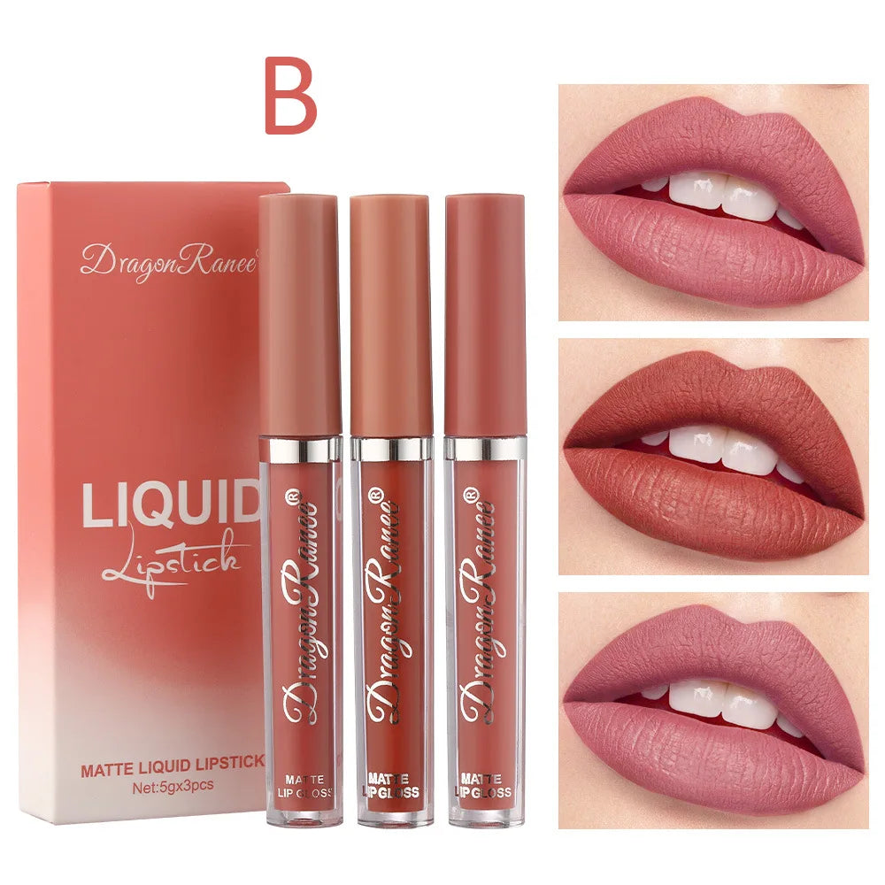 Dragon Ranee Set of 3pcs Velvet Lip Glaze Matte Lipstick Soya Lasting Lip Colour - Seprincess