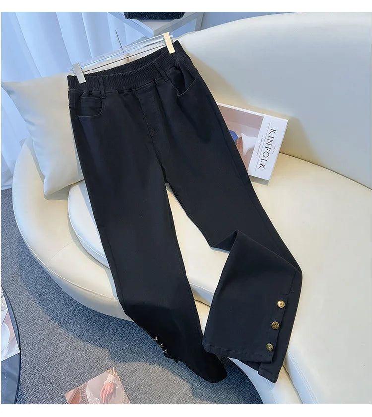 155Kg Plus Size Women's Jeans Hip 150-160 High Waist Casual Loose Flare Pants Trousers Black Black-Gray 5XL 6XL 7XL 8XL 9XL