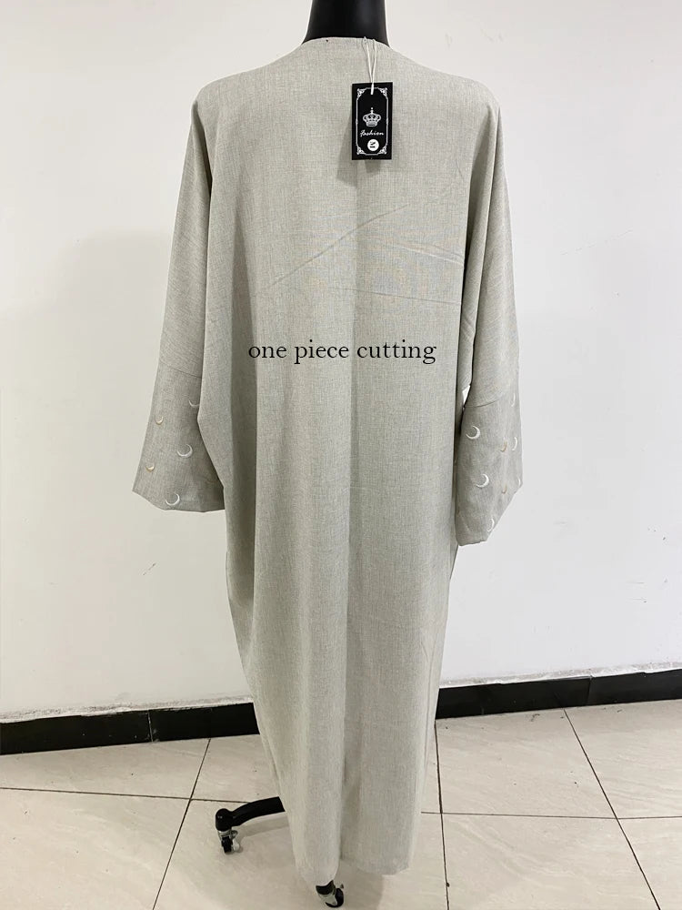 Eid Linen Abaya One Piece Open Cardigan with Heart Design Bat Sleeve Muslim Women Outwear 2024 Ramadan Dubai Arabic Kimono - Seprincess