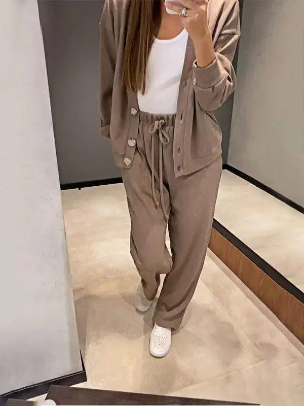 Autumn Fashion Knitted Cotton Women's Sports Jacket Suit Simple Trousers Pocket Casual Cardigan Elegant 2-piece Set Female - Seprincess