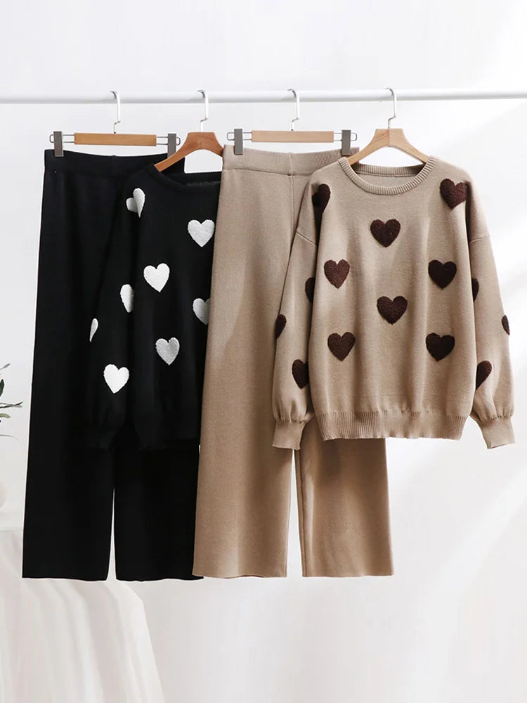 Casual Knitted Sweater Long Pants Woman's Set Loose Love Printed Pullover Sweaters High Waist Pant Sets Female Chic Outfits - Seprincess