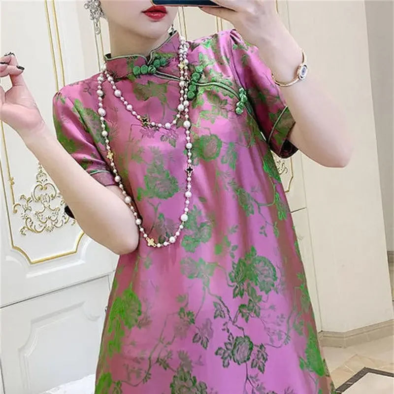 2023 New Improved Flower Printed Chinese Qipao Dress Spring Summer Short Sleeve Stand Collar Women Retro Fashion Cheongsam - Seprincess