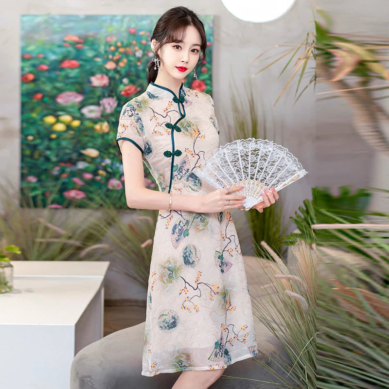 Fashion Modern Chinese Cheongsam A-line Dress Women Short Sleeve Qipao Traditional Chinese Clothes - Seprincess