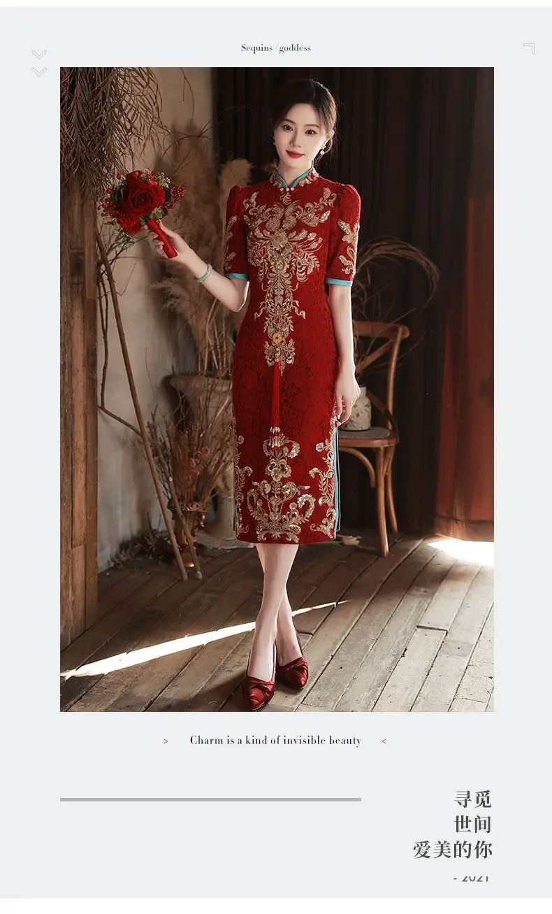 Toast Bride Wedding Dress Luxury Sequin Qipao Long Chinese Women Traditional Vintage Cheongsam Dresses Evening Gown China - Seprincess