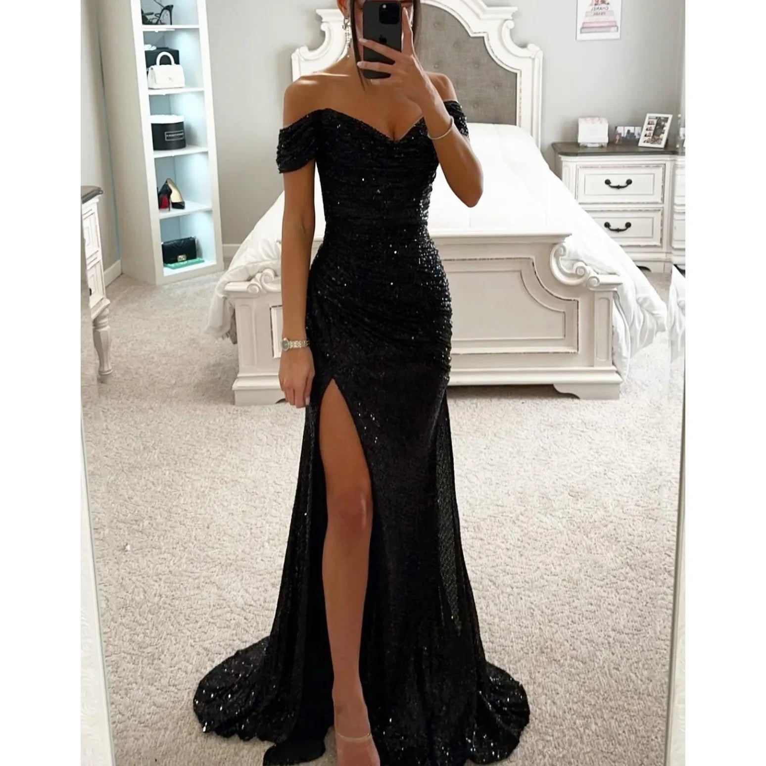 Womens Dresses New Party Sequin One Line Neckline Slit Dress Casual Fashion Dress for Women - Seprincess