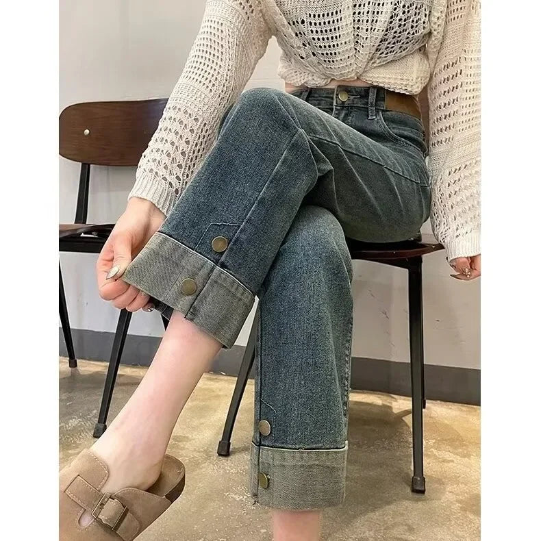 Grey Concrete Jeans Women's Loose-Fit High-Waisted Petite Straight-Leg Pants Summer Thin Style Casual Ladies Trousers