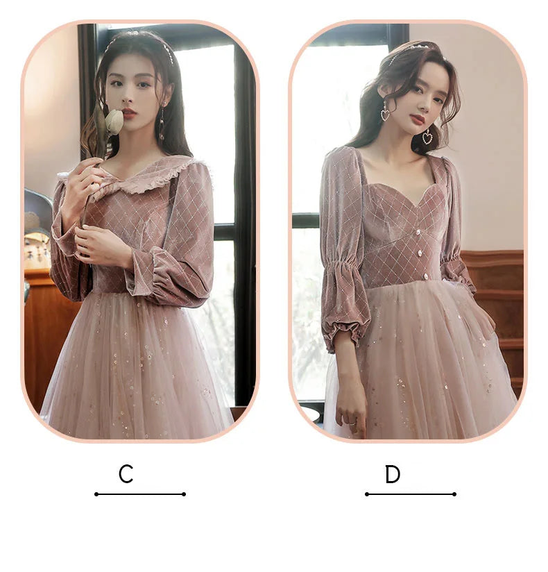 2022 New 4 Styles Bridesmaid Dress Bow Retro Elegant Long-sleeved Chic Temperament Long Evening Dress For Wedding Women Guest - Seprincess