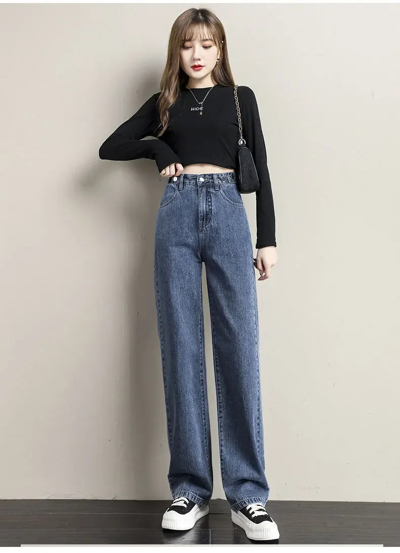 Multi-Button Wide-Leg Women's Jeans New Style Adjustable High-Waisted Straight-Leg Long Pants Loose Fit Niche Style