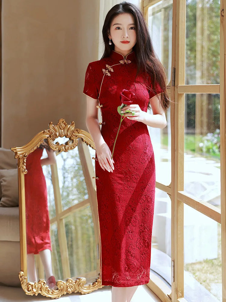 Wine Red Wedding Cheongsam Short Sleeve Vintage Improved Women Summer Lace Dress Slim-fit Elegant Qipao S To XXL Evening Dress - Seprincess