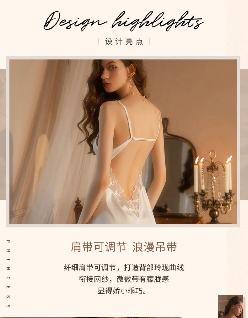 Side Split Designer Lady Nighty Sexy Senior Luxury Sleepwear Satin Silk Date Nightwear Wedding Bridal Honeymoon Romantic Dress - Seprincess