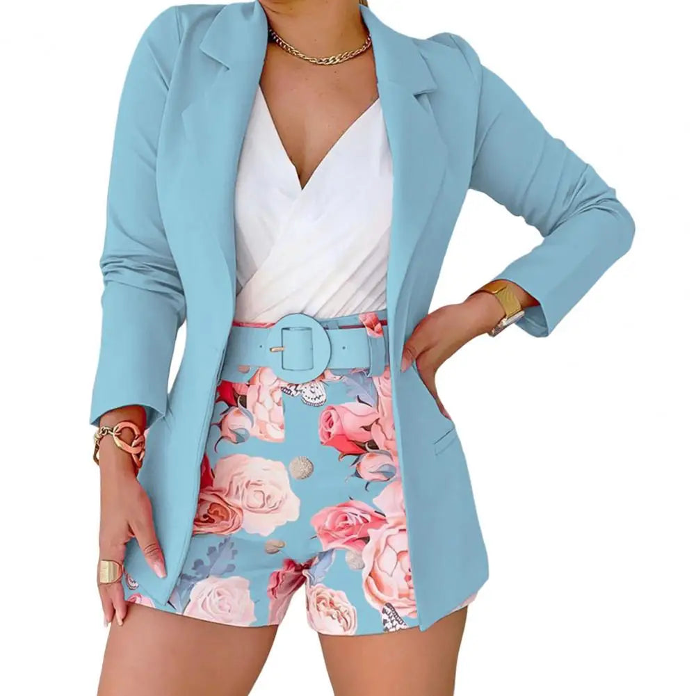 New 2024 Women Long Sleeve Blazer & Floral Print Shorts Set Casual 2 Piece Suit Sets Womens Female Outfits Set 2PCS - Seprincess