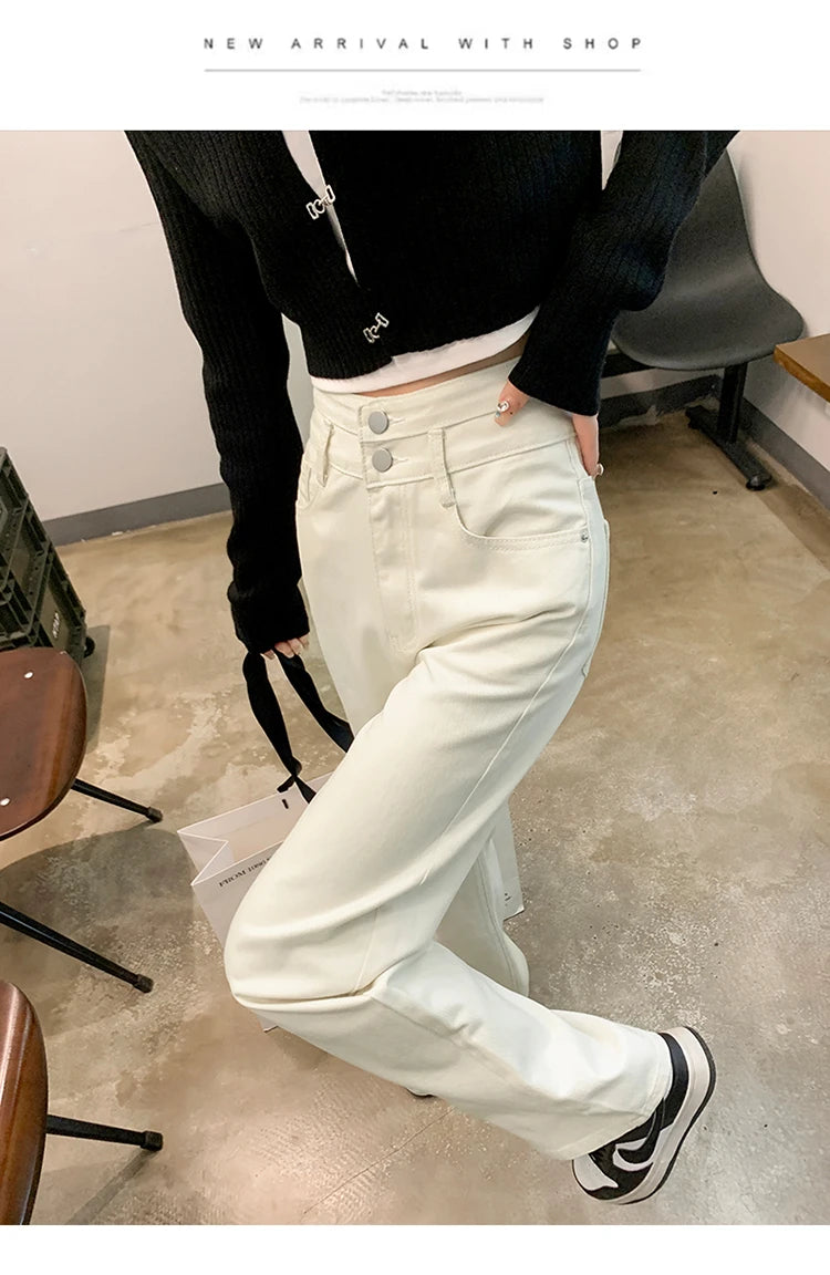 Denim Jeans Women Casual Fashion Button Design Pants Loose Straight Brand High Quality New Arrivals Trousers