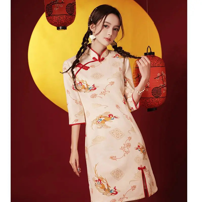 2024 Spring Cheongsam Traditional Chinese Qipao Costume Trendy Short Vintage Dress Sexy Women Modern New Year Dresses New - Seprincess