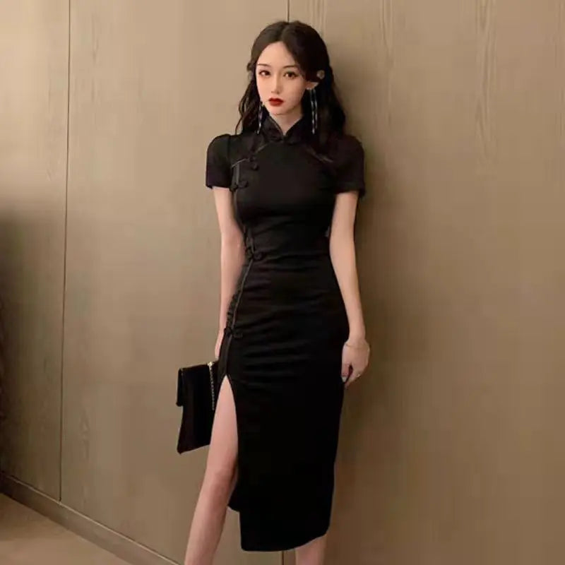 Black Chinese Elegant Dress for Women Vintage Mandarin Collar Female Sexy High Split Long Sleeve Slim Qipao Classic Cheongsam - Seprincess