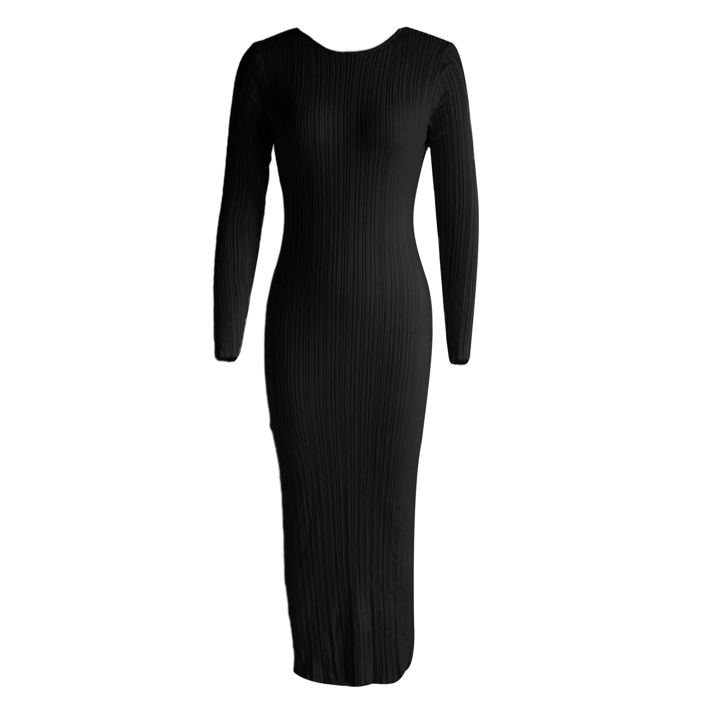 Women Spring Autumn Solid Color Bodycon Knit Dress Long Sleeve Crew Neck Ribbed Dress Slim Fit Long Dress - Seprincess