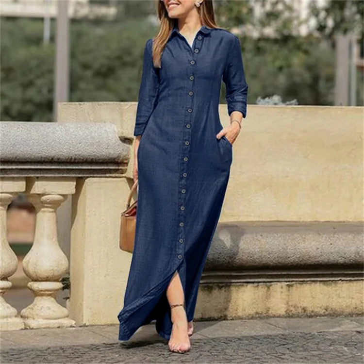 2023 Autumn Elegant Women's Denim Dress Long Sleeve Buttons Shirt Long Dress Female Fashion New Elegant Casual Ladies Clothes - Seprincess