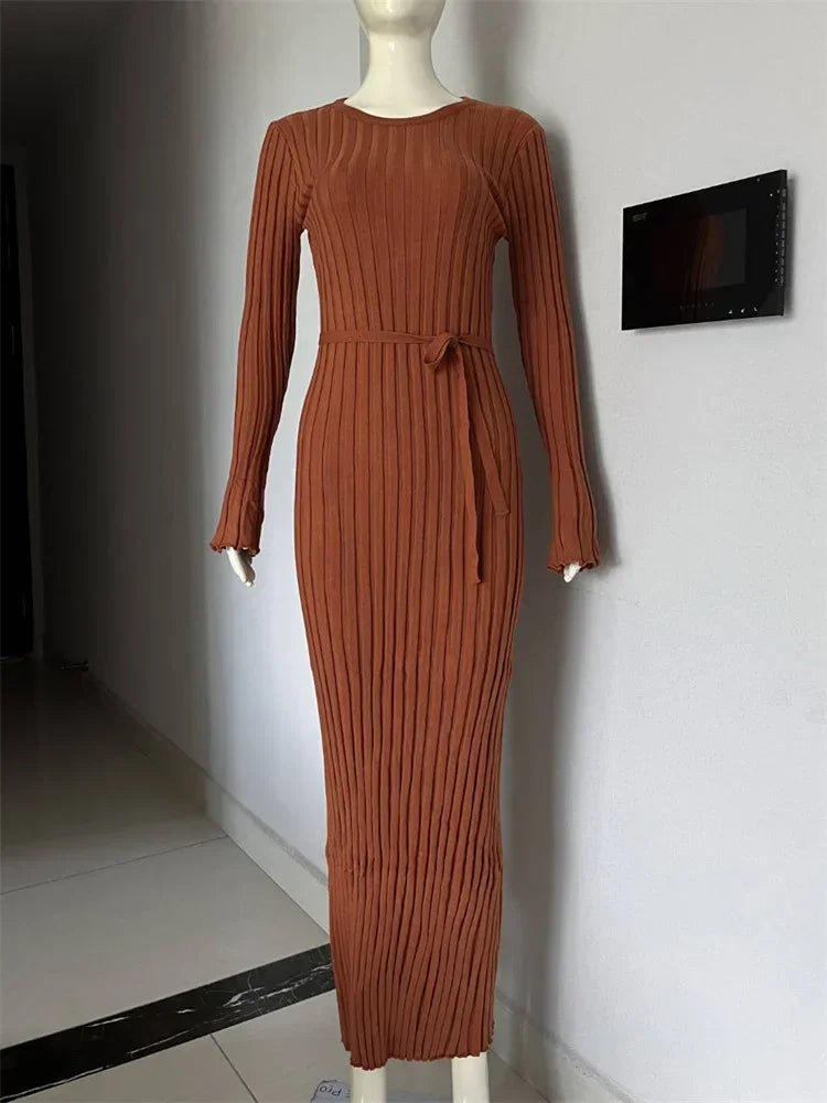 Tossy Lace-Up Female Knit Maxi Dress Autumn High Waist Fashion Patchwork Long Sleeve Loose Solid Dress Bandage Knitwear Dress - Seprincess