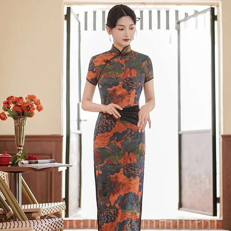 Large Size 4Xl 4Xl 5Xl Chinese Qipao Cheongsam Woman Chinese Traditional Dress Floral Print Slitting Hem Bodycon Sexy Vestidos