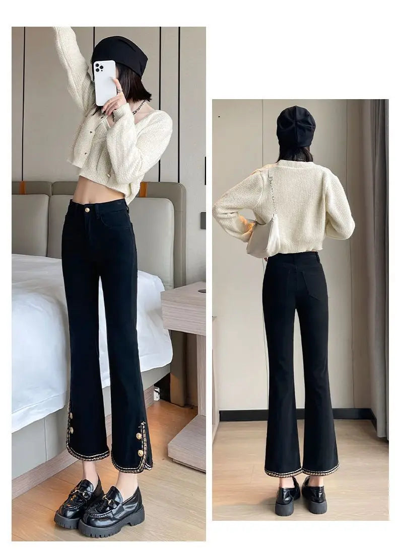 Winter Fashion Luxury Women's Clothing Slim Pants Elastic Force Solid Color Panelled Button Slit Straight Tube Cropped Trousers