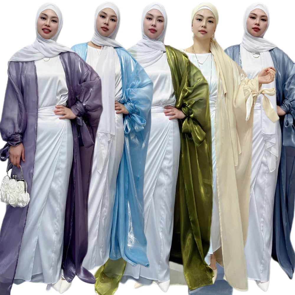 Shiny Satin Open Abaya Dubai Kaftan Women Muslim Kimono Cardigan Islamic Puff Sleeve Caftan Maxi Dress Robe Gown Turkey Jalabiya - Seprincess