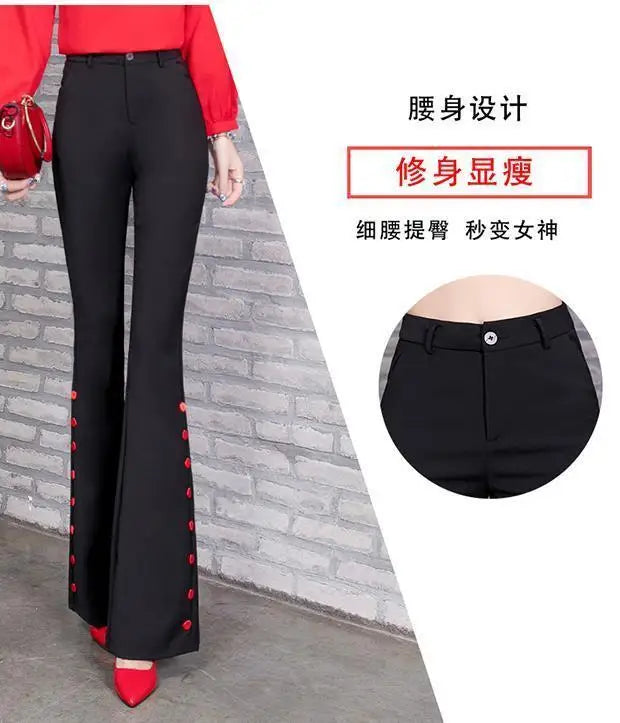 Summer Fashion Simple Slim Straight Flare Pants Women Solid High Waist Button Zipper Pocket Casual Versatile Elastic Trousers